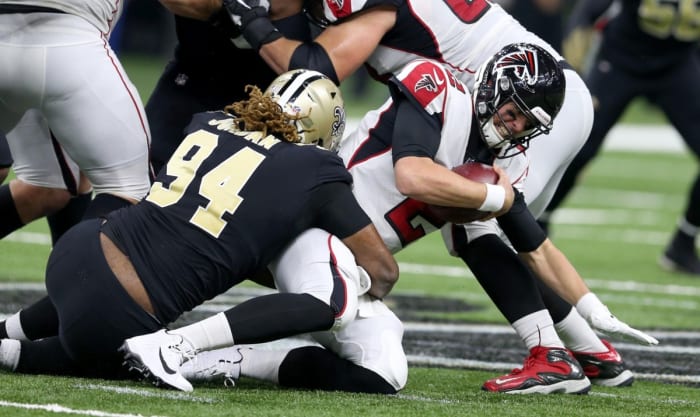 New Orleans Saints defensive end Cameron Jordan (94) sacks Atlanta Falcons quarterback Matt Ryan (2). Mandatory Credit: Chuck Cook-USA TODAY